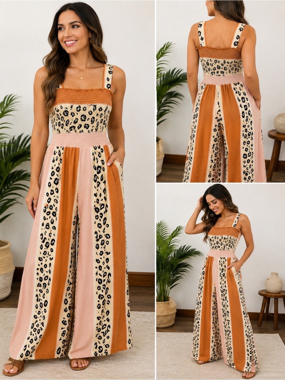 indulge Striped Leopard Smocked Wide-Leg Jumpsuit in Tan & Cream
